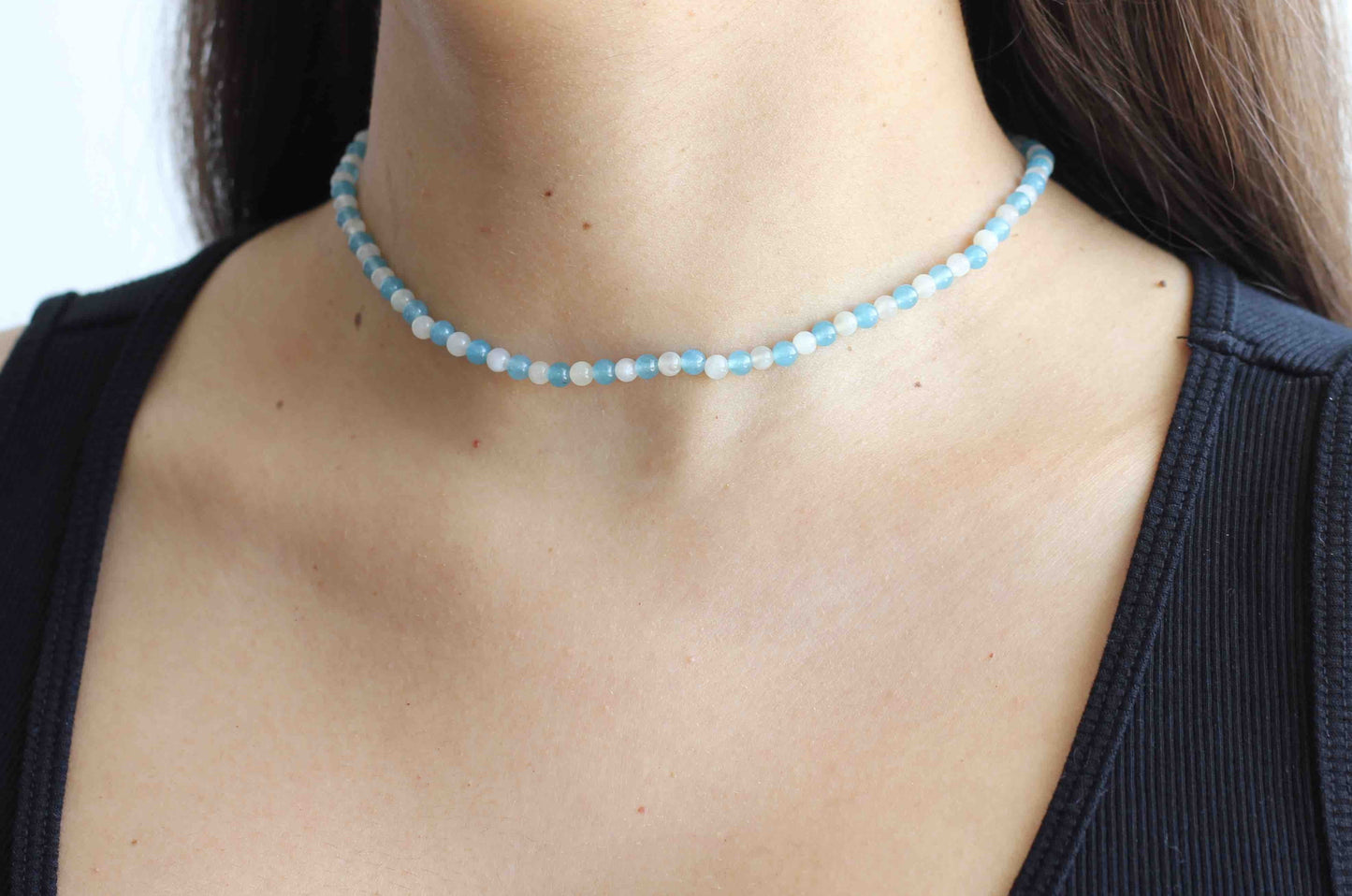 Handmade Minimalist Blue Quartz and White Moonstone Beaded Gemstone Choker Necklace with Sterling Silver Closure