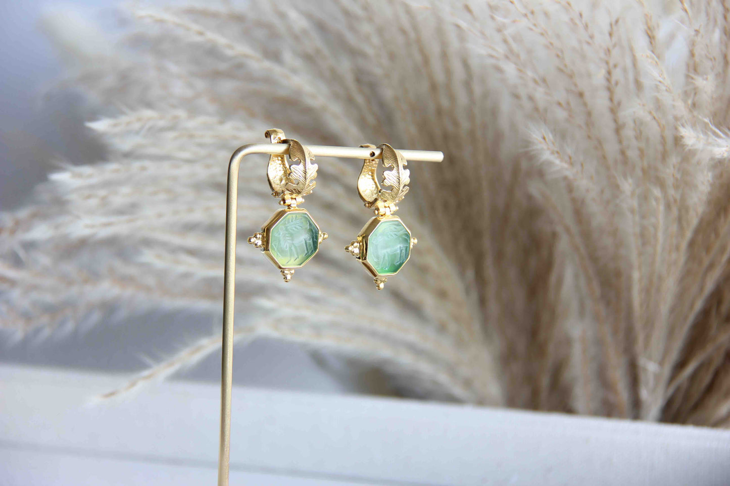 Handmade Ancient Gold Green Agate Earrings
