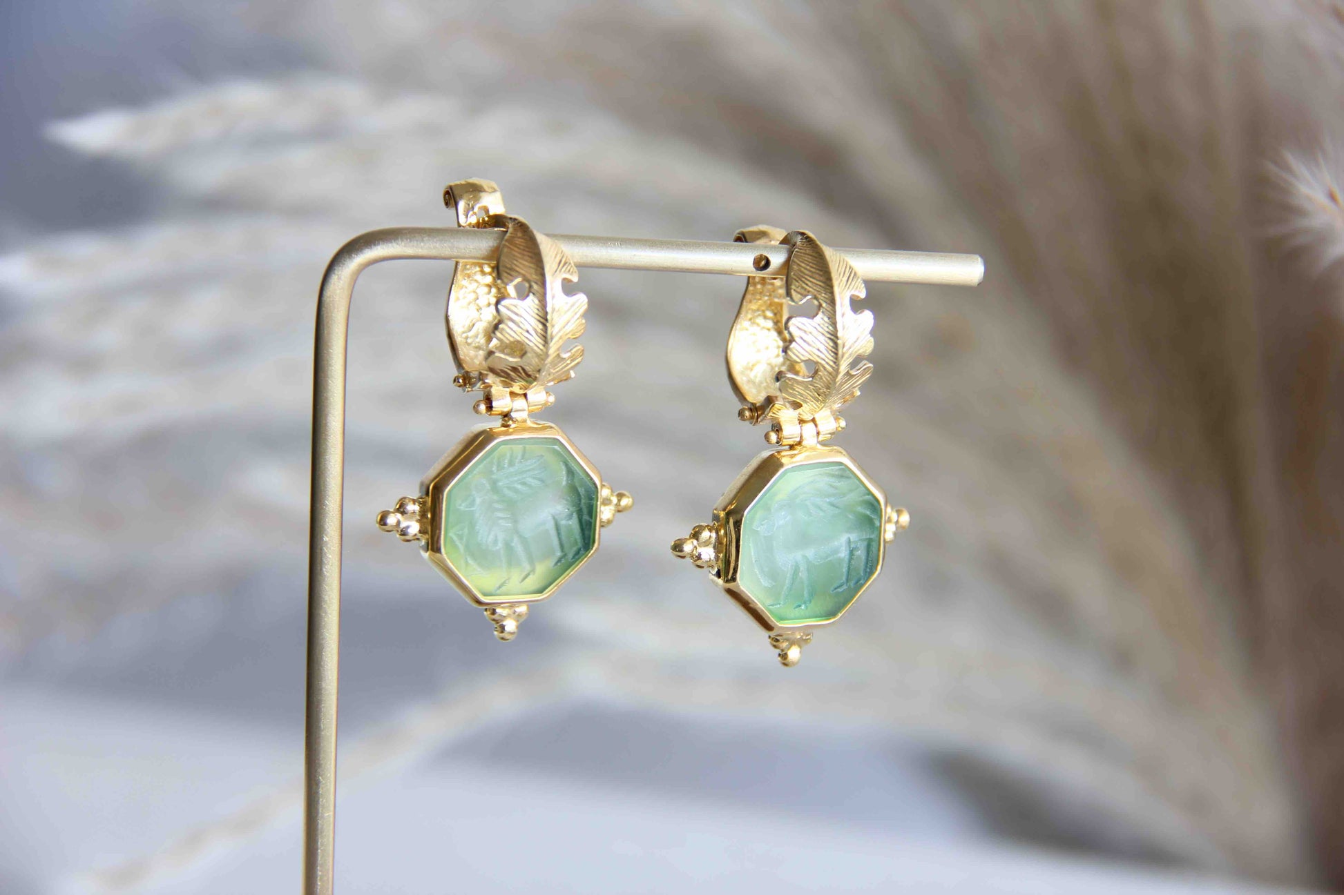Handmade Ancient Gold Green Agate Earrings