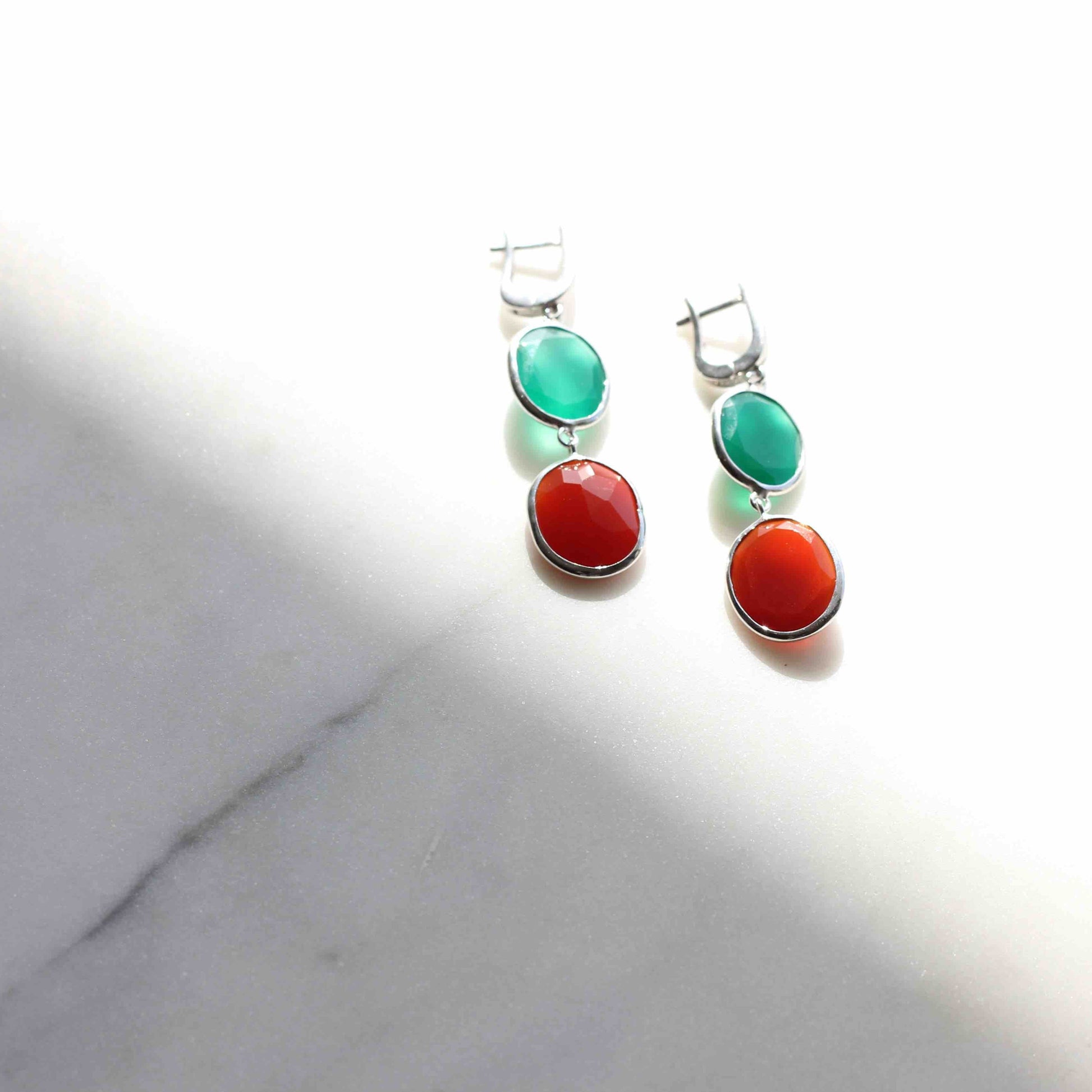 Gaia Red and Green Agate Earrings, Handmade minimal sterling silver gemstone earrings
