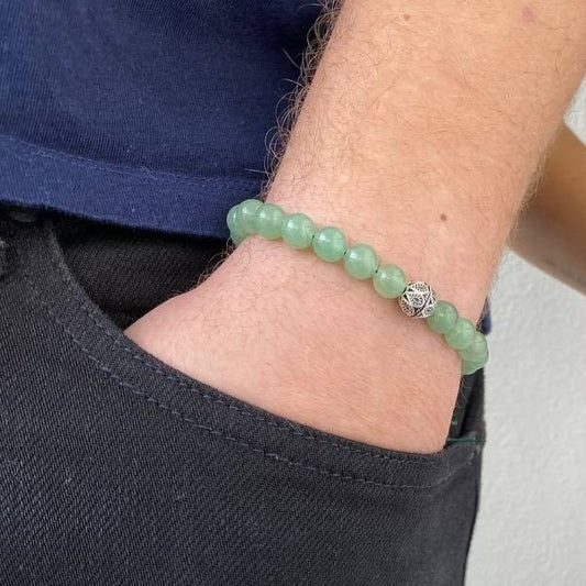 Men's Green Aventurine Bracelet, Men's Bracelets, Men's Beaded Bracelets, Silver Bracelet for Men, Green Gemstone