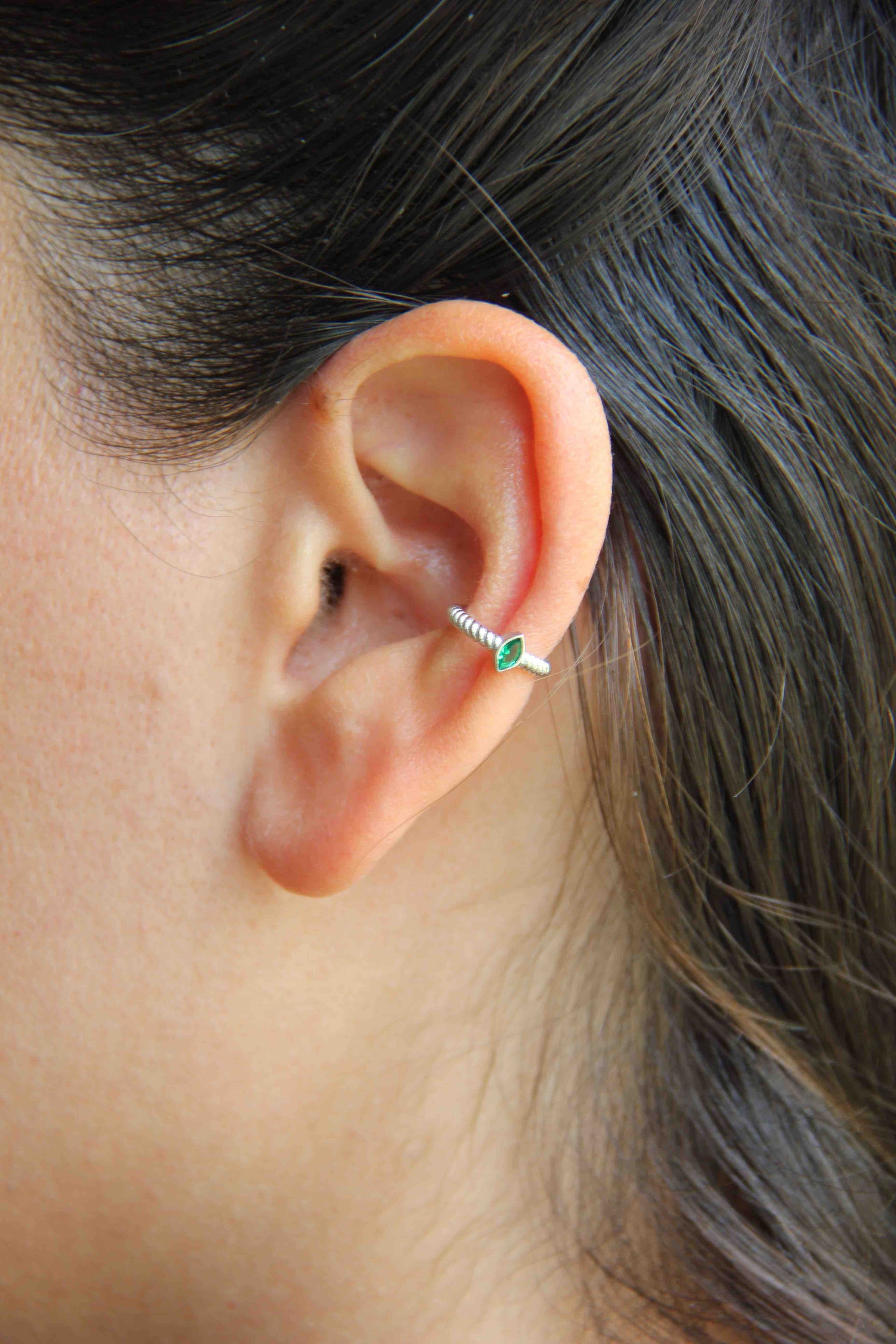 Sterling Silver Green Zirconia Ear Cuff, Minimal Ear Cuff