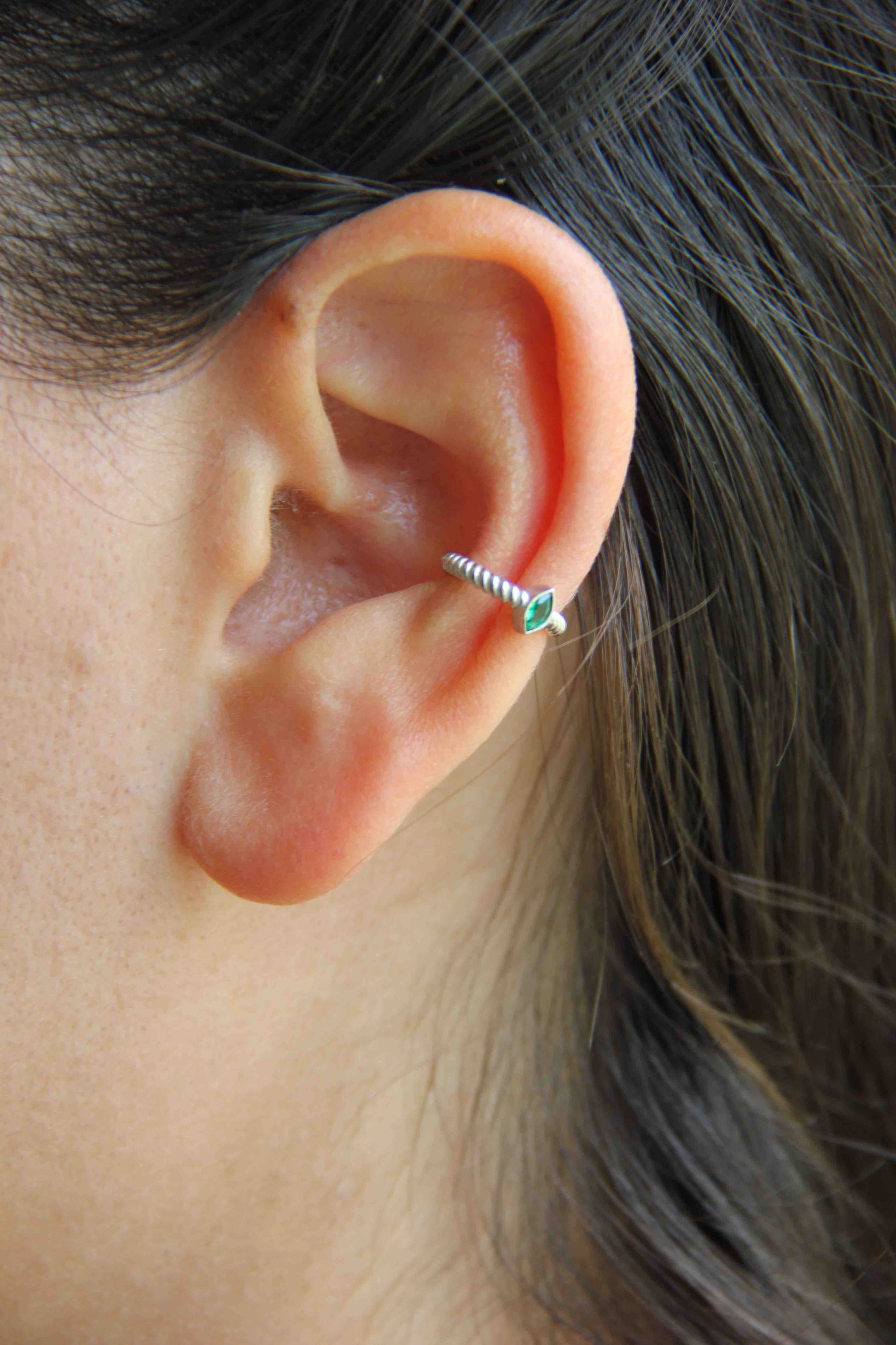 Sterling Silver Green Zirconia Ear Cuff, Minimal Ear Cuff