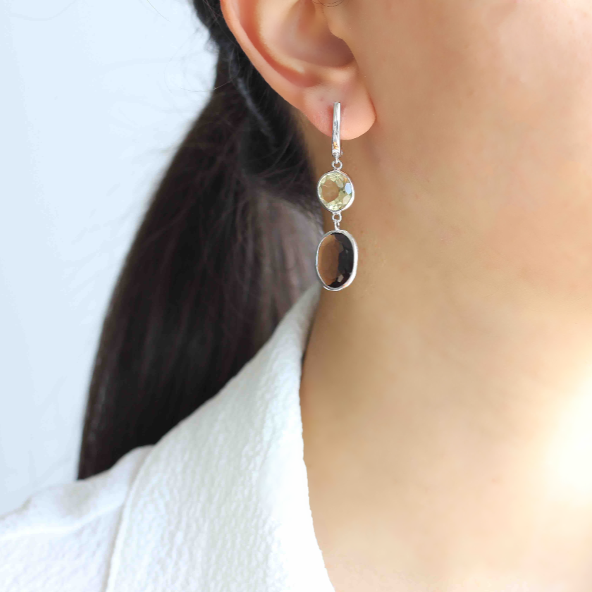 Dione Green Quartz and Smoky Quartz Earrings, Handmade minimal sterling silver gemstone earrings