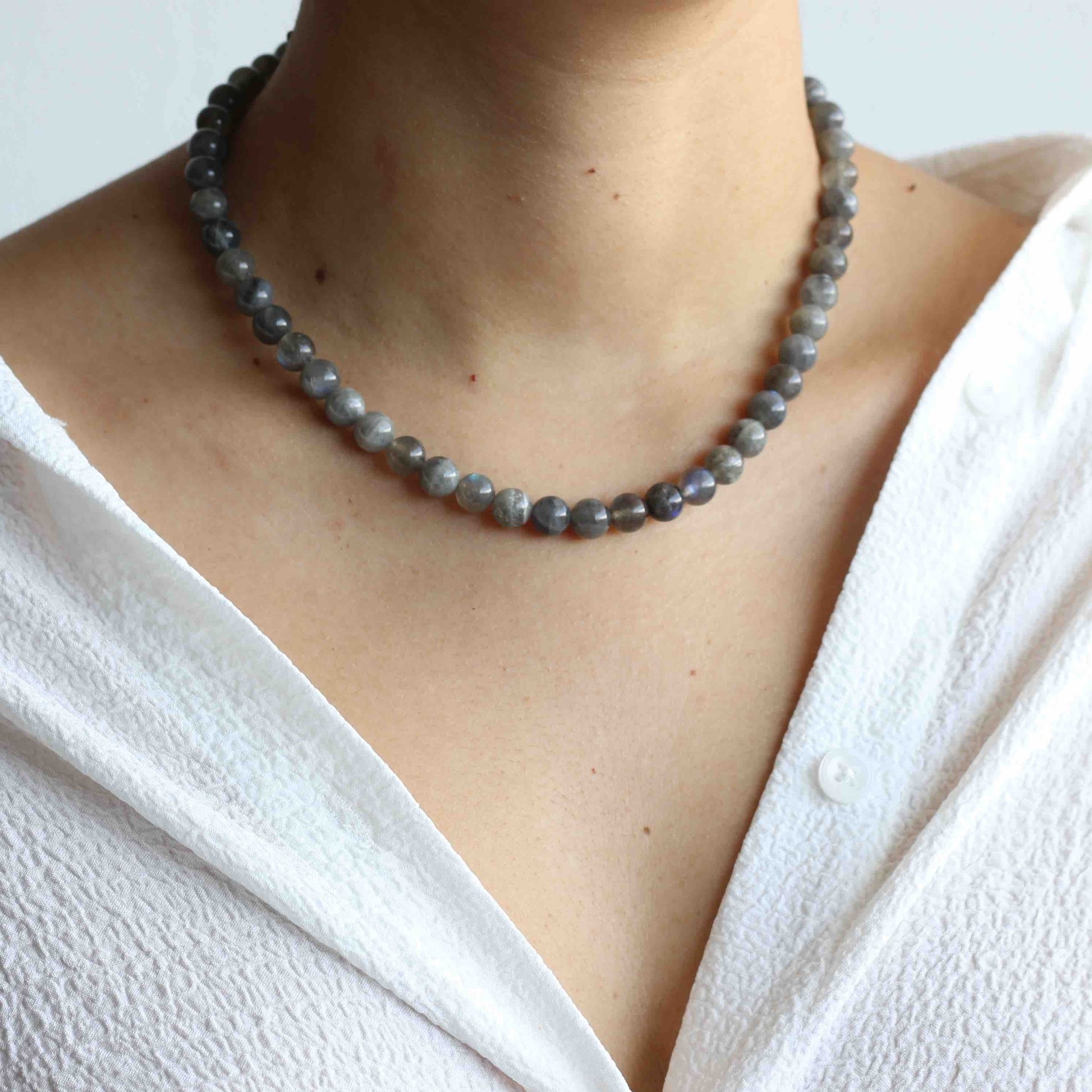 Labradorite Beaded Handmade Gemstone Necklace with 925 sterling silver custom closure button