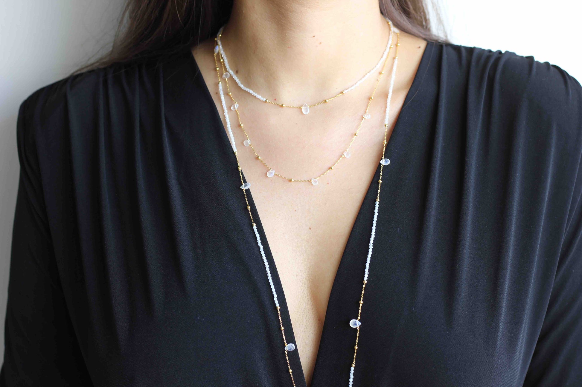 Moonstone 3 layer gold chain necklace on solid 925 sterling silver