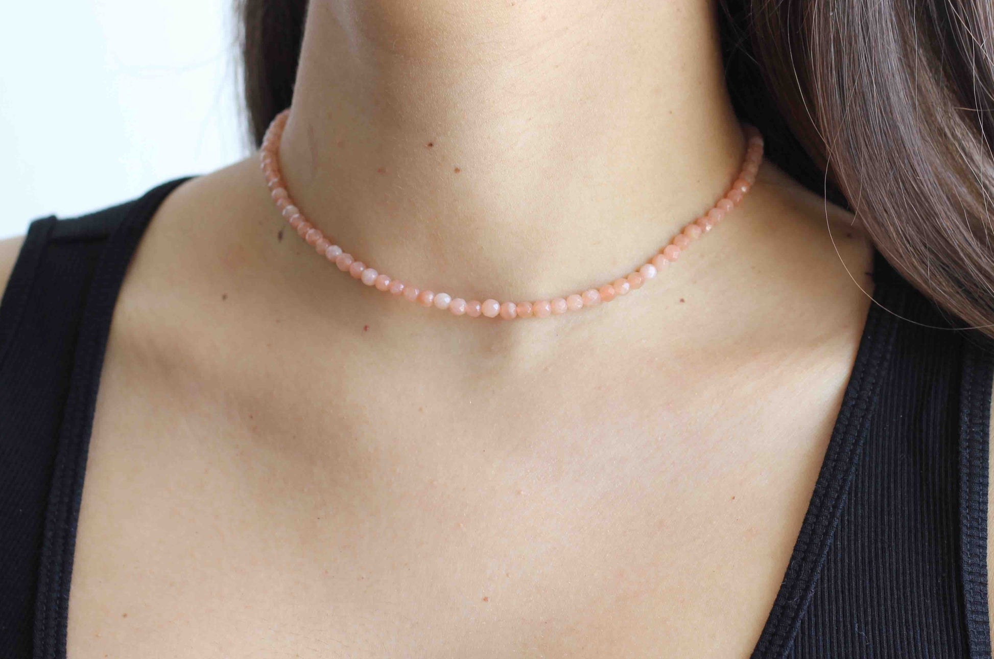 Handmade Minimalist Pink Moonstone 4mm Beaded Gemstone Choker Necklace with Sterling Silver Closure