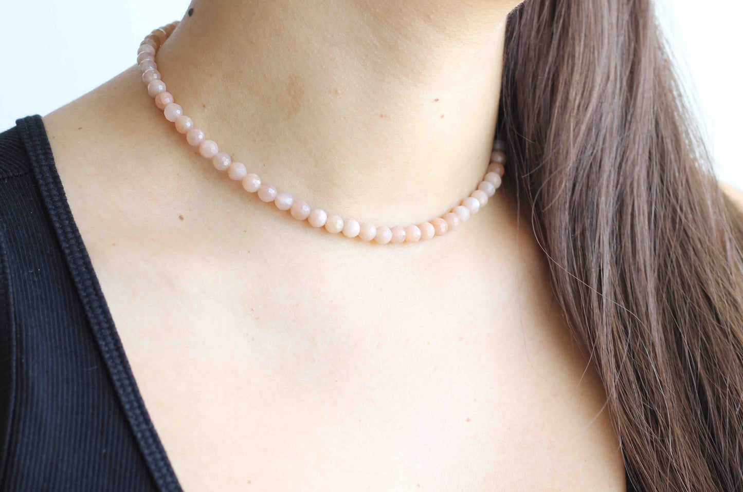 Handmade Minimalist Pink Moonstone 6mm Beaded Gemstone Choker Necklace with Sterling Silver Closure