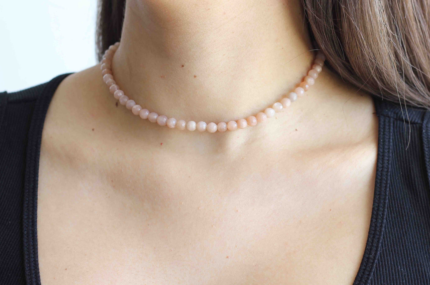 Handmade Minimalist Pink Moonstone 6mm Beaded Gemstone Choker Necklace with Sterling Silver Closure