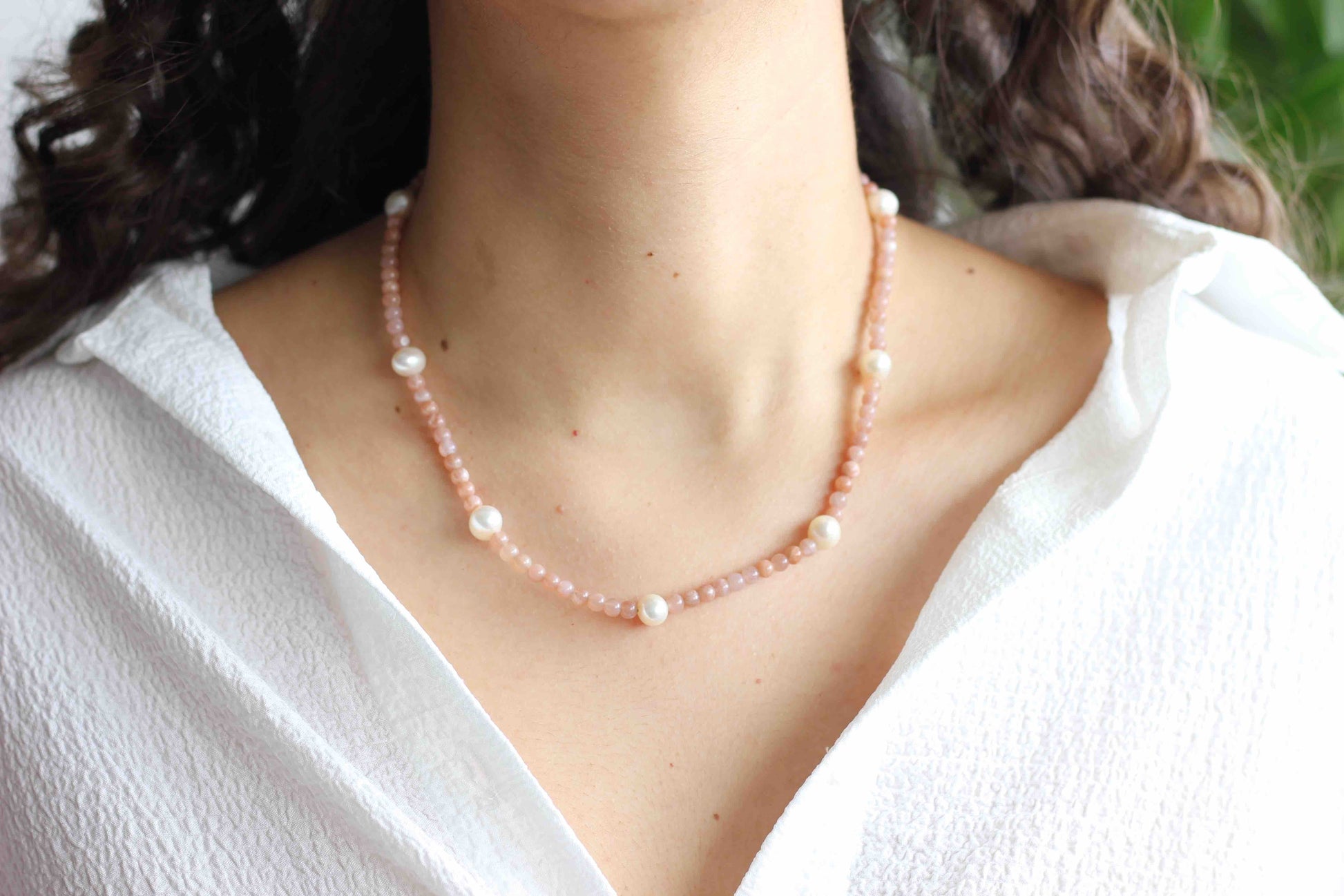 Pink Moonstone Pearl Necklace, Pearl Necklace, Moonstone Necklace, Gemstone Necklace, Necklace for Women, Moonstone Jewelry