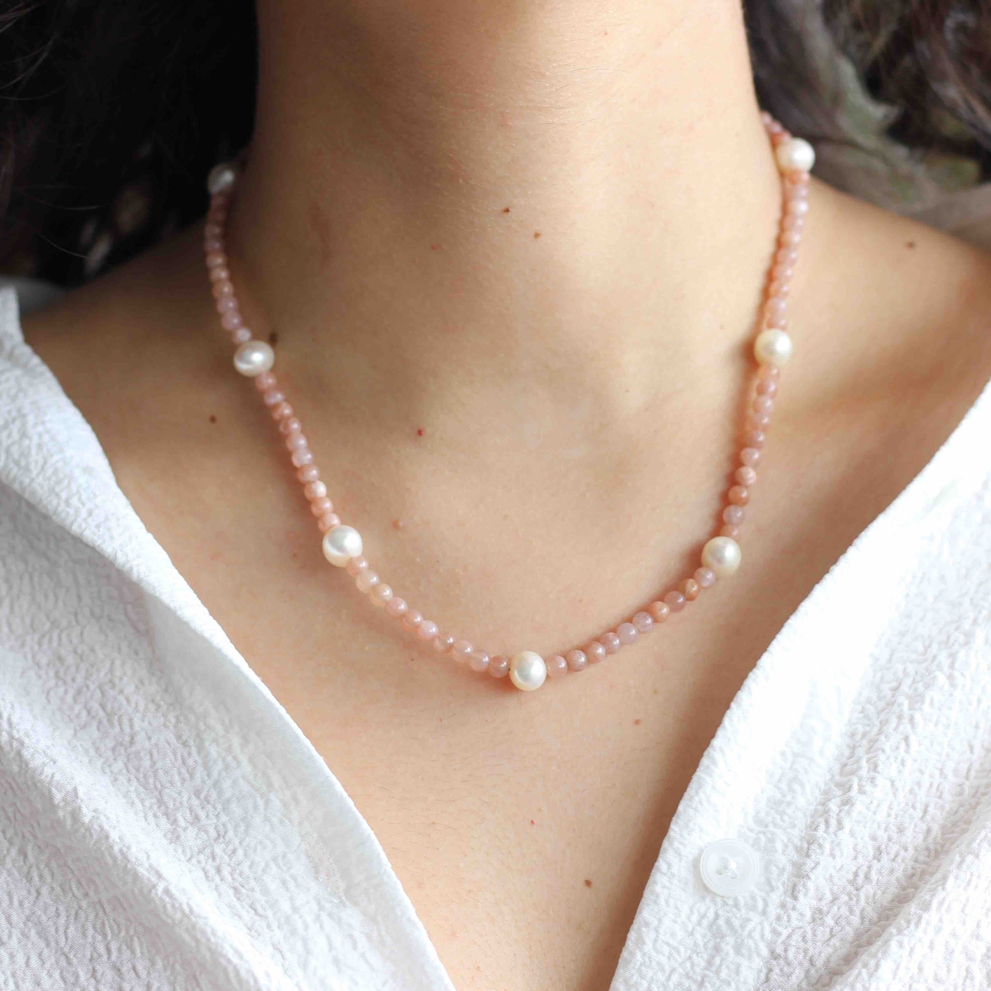 Pink Moonstone Pearl Necklace, Pearl Necklace, Moonstone Necklace, Gemstone Necklace, Necklace for Women, Moonstone Jewelry