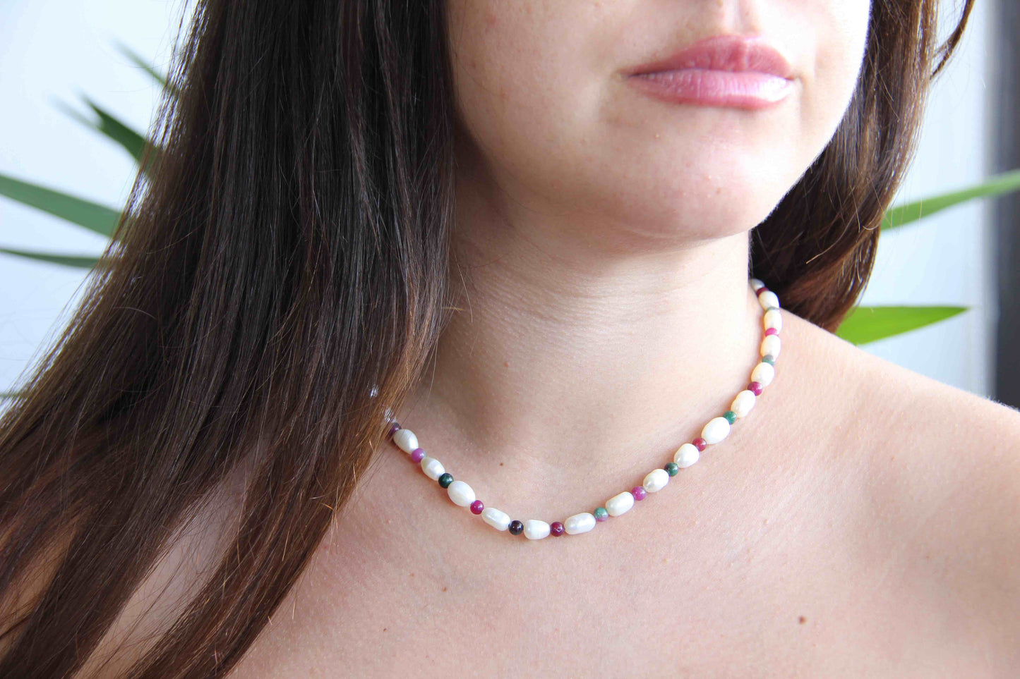 Ruby Zoisite Beaded Necklace with Natural Mini Pearls