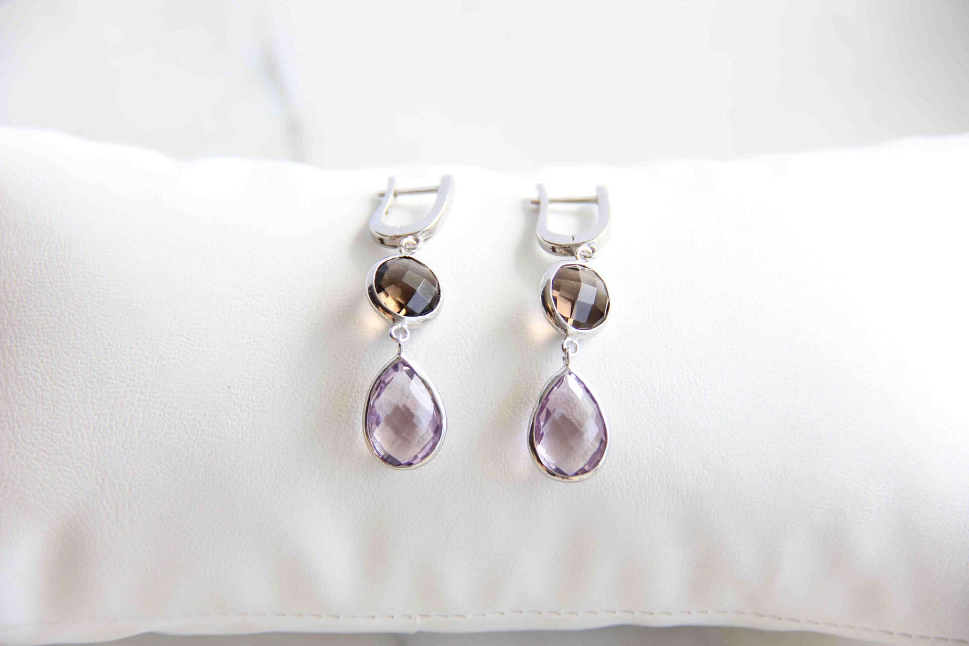 Daphne Smoky Quartz and Amethyst Earrings, Handmade minimal sterling silver gemstone earrings