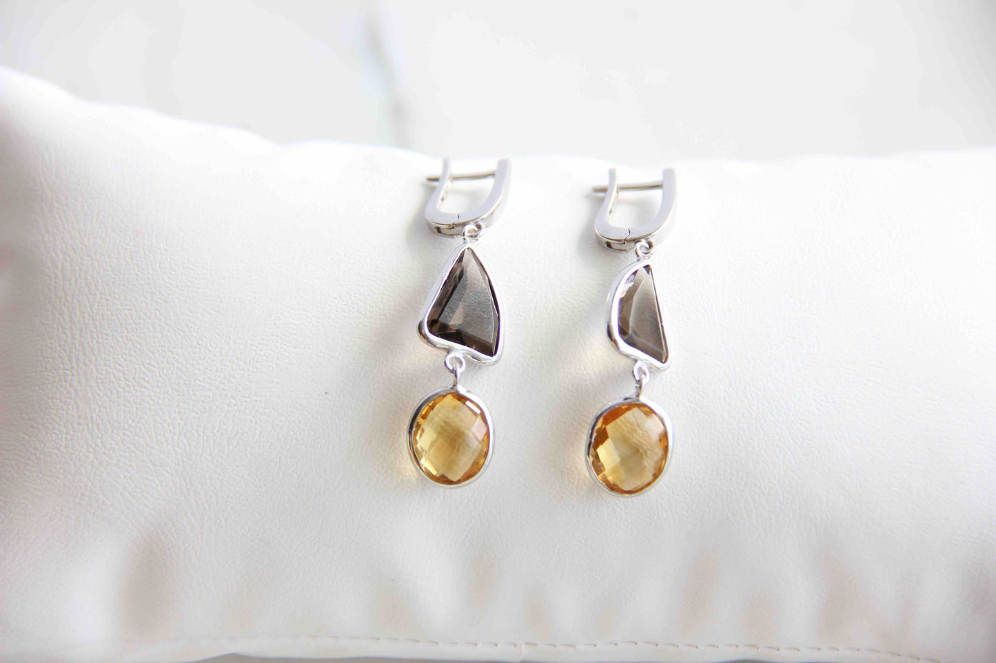 Maia Smoky Quartz and Citrine Earrings, Handmade minimal sterling silver gemstone earrings