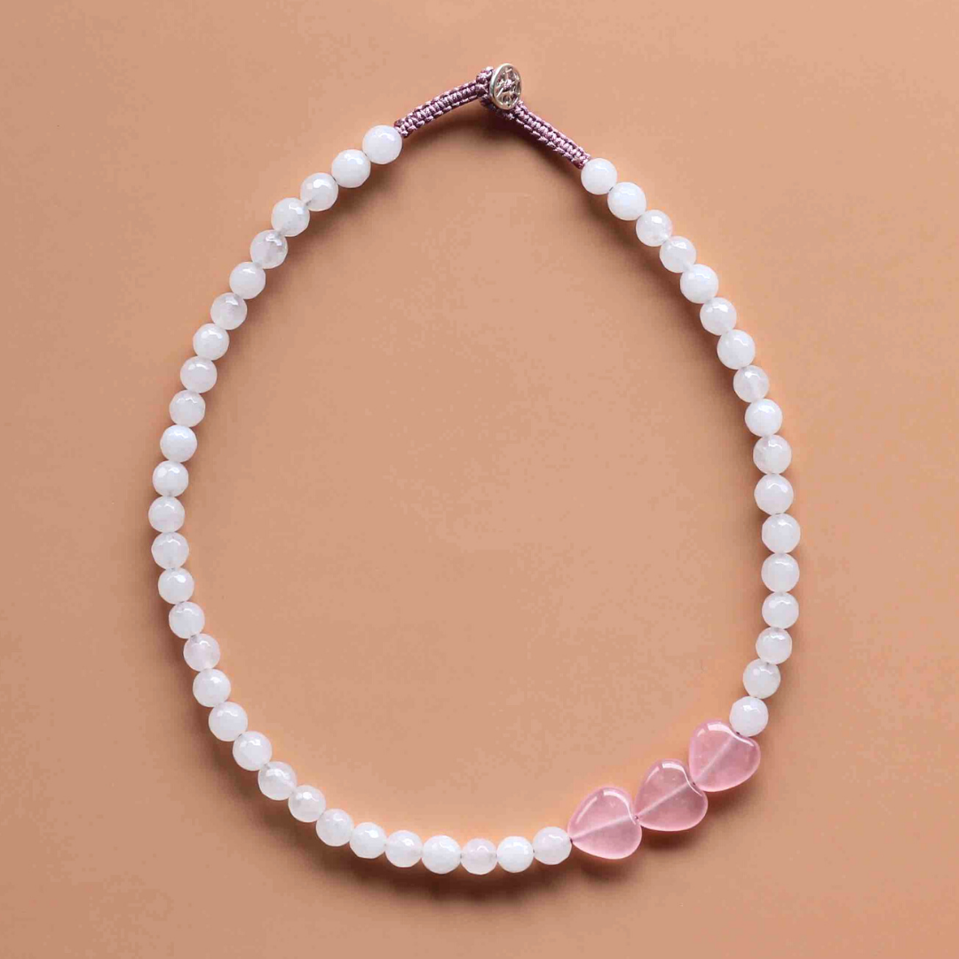 3 heart Beaded Rose Quartz Necklace. Stone of Love Necklace.