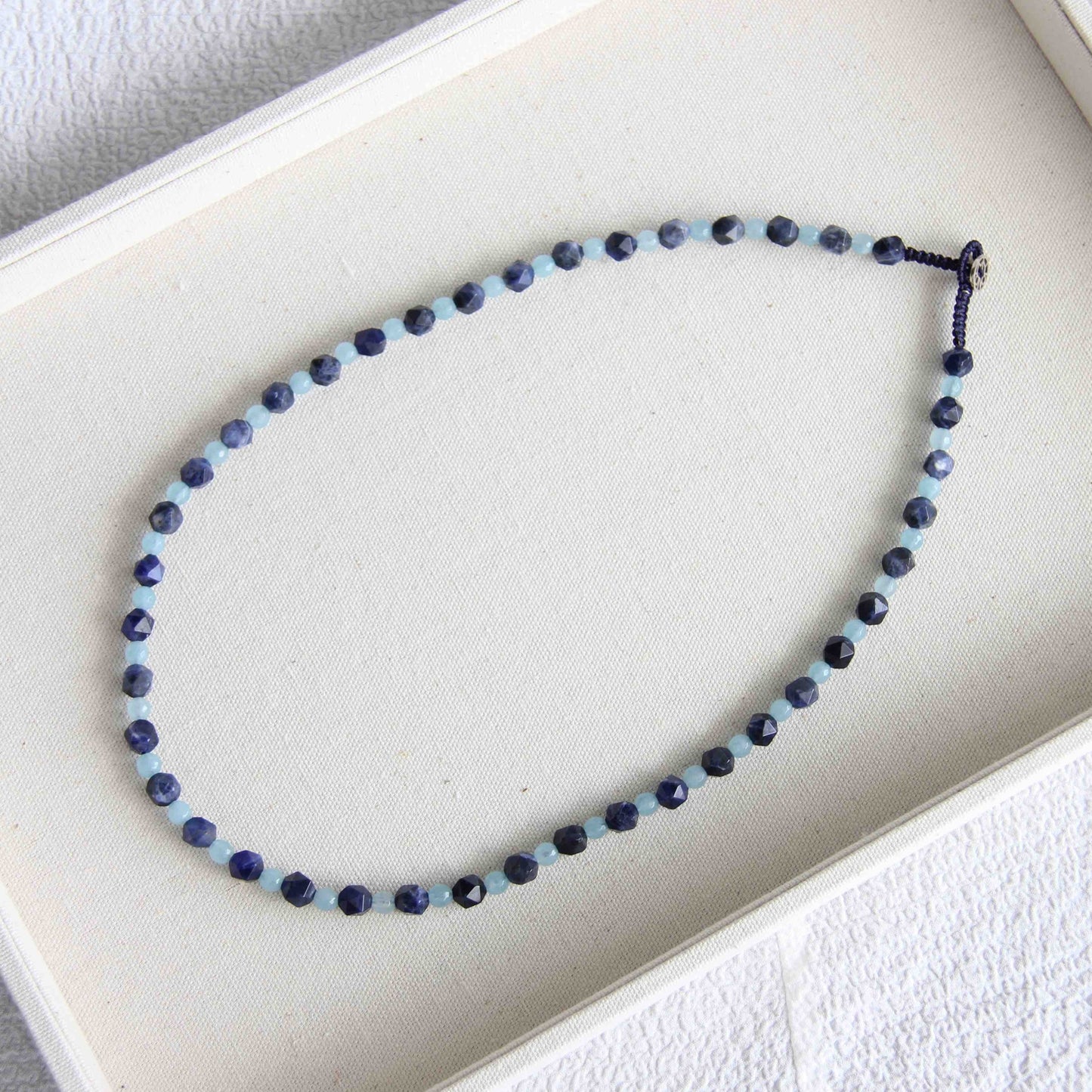 Sodalite and Blue Quartz Beaded Handmade Gemstone Necklace with 925 Sterling Silver Closure Button