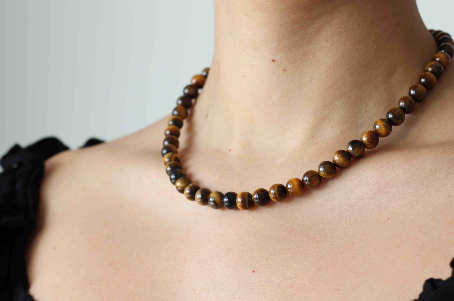 Tiger's Eye Beaded Gemstone Necklace with 925 Sterling Silver Closure