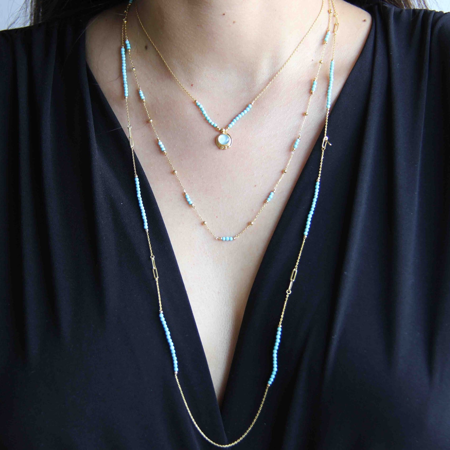 3 layer minimal gold turquoise necklace on solid 925 sterling silver